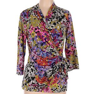 Carmen Marc Valvo Multicolor Geo Print Wrap Blouse